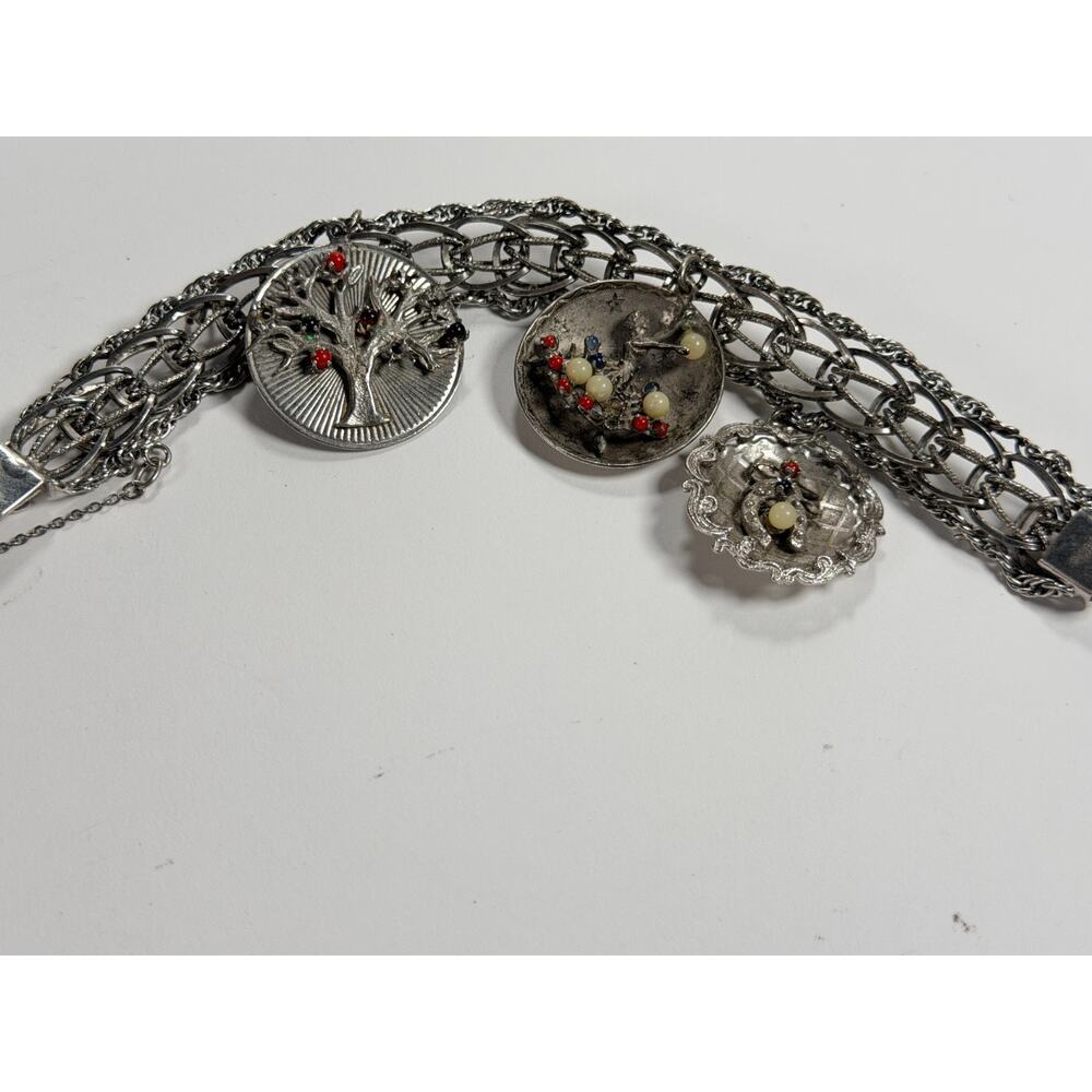 Vintage Sterling Silver Charm Bracelet Panels Tree Birds Beads